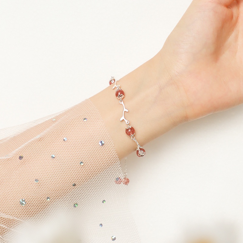 Vòng Tay Bạc Nữ Xinh Xắn Thiết Kế Đơn Giản Đá Hồng Dâu Tây L1774 - Bảo Ngọc Jewelry