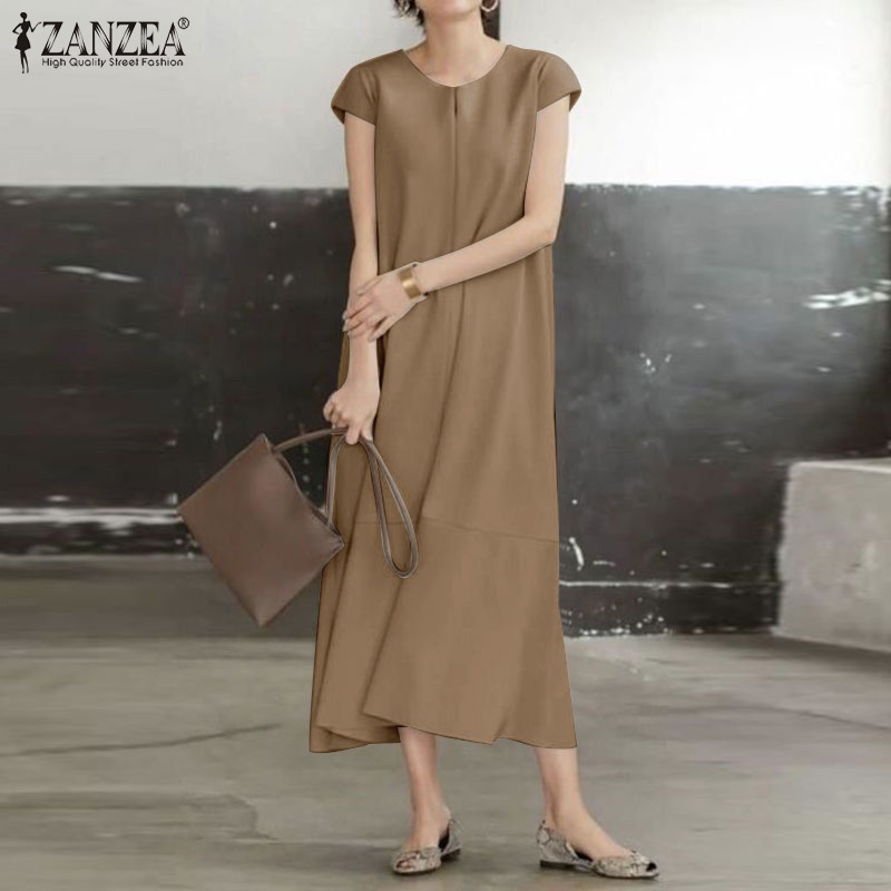 Đầm dài ZANZEA tay ngắn cổ chữ V dáng rộng thời trang cho nữ