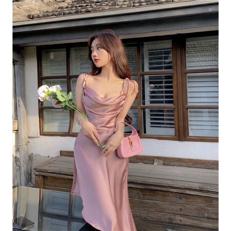Đầm Lụa Cổ Đổ Cột Dây Tà Chéo Đi Chơi Dự Tiệc