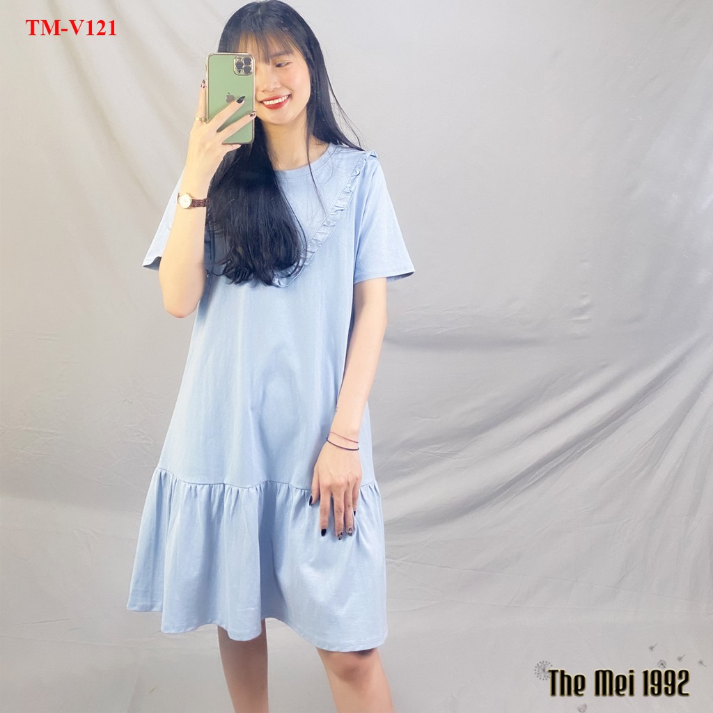 Váy thun suông nữ The Mei 1992 - Đầm bầu bigsize cố tròn kèm viền bèo dáng đuôi cá chất cotton thoáng mát | BigBuy360 - bigbuy360.vn