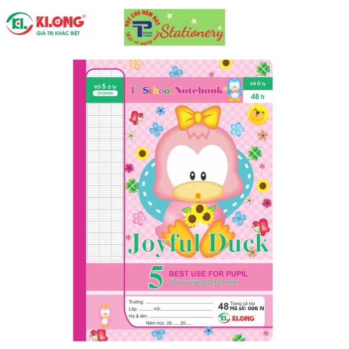 Vở 48 trang 5 ô ly nhỏ Klong - 1st school bìa họa tiết vịt con đáng yêu màu ngẫu nhiên MS 006