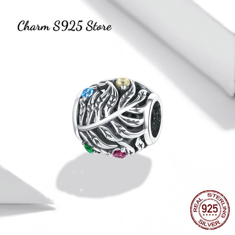 CHARM XỎ NGANG HOẠ TIẾT CÀNH LÁ ĐÍNH ĐÁ BẠC S925 HÀNG CHÍNH HÃNG CAO CẤP