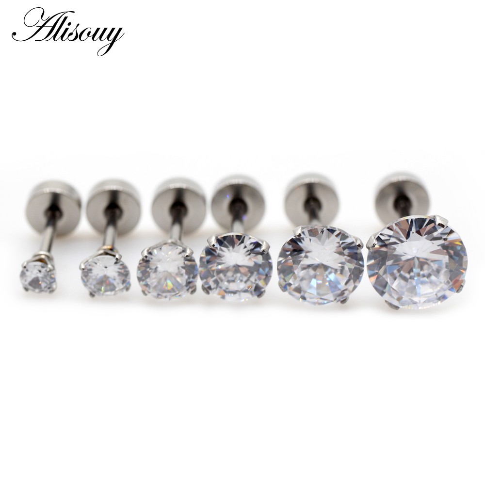 Alisouy 2 Chiếc Unisex Nam Nữ Tròn Pha Lê Zircon Thép Không Gỉ Bông Tai Barbell Tragus Sụn Xuyên Trang Sức