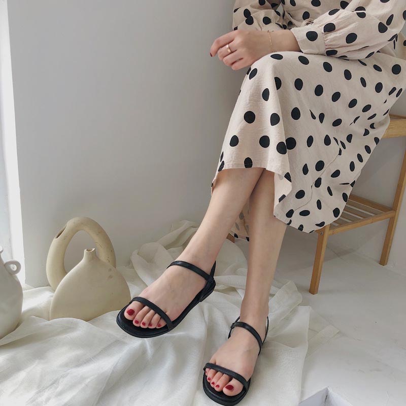 Sandal nữ đế bệt quai mảnh 2 quai ngang kiểu mới chất da mềm- dép nữ về 2 màu be, đen đi học đi chơi đi biển hàn quốc