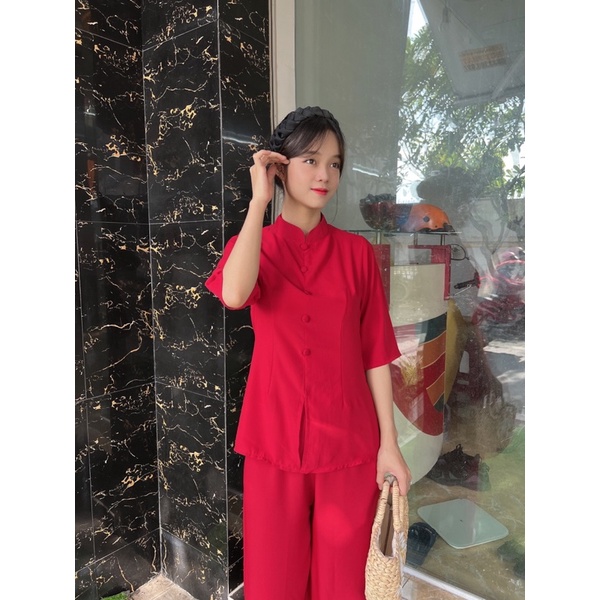 set đồ lam lụa cao cấp , thời trang nữ đi chùa, áo lam phật giáo