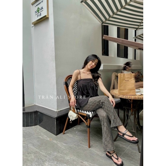 Set Bộ Áo Dây Voan Thắt Nơ Lưng Kèm Quần Dài Ống Loe Sọc alohashop91