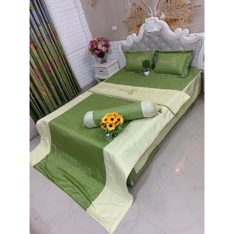 Set 7 món chăn ga gối satin trần bông satin thêu hoa cao cấp