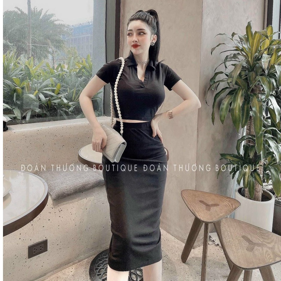 Sét bộ áo croptop cổ bẻ trơn phối chân váy dài cực xinh , chất thun bozip mềm mịn