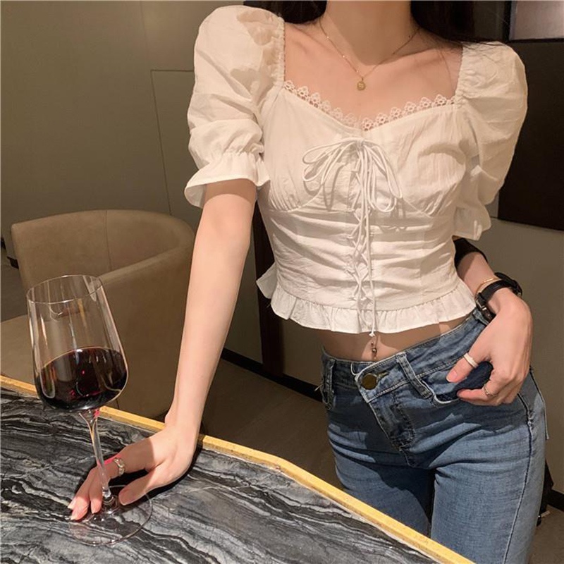 Áo croptop IELGY cổ vuông phong cách Pháp thời trang mùa hè xinh xắn cho nữ