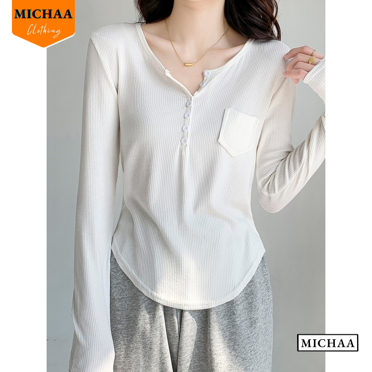 Áo Thun Tay Dài VẠT BẦU CÀI NÚT Nữ Có Túi, Áo Thun Basic Chất Thun Gân Dáng Dài Thời Trang - MICHAA ADD07