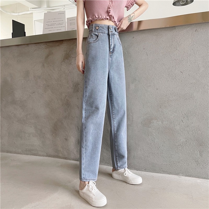 Korean style high waist jeans for students women slim fit slimming versatile Daddy ankle-length pants little Daisy butto