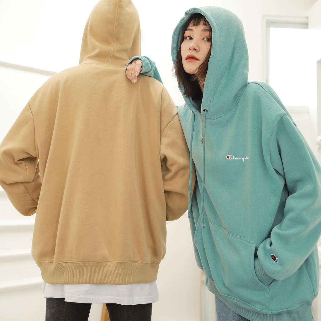 Áo Hoodie Thêu Logo Champion Sắc Nét Phía Trước-Chất Vải Nỉ Bông Cotton-Form Rộng Rãi Unisex Nam Nữ-Màu Xanh Mint