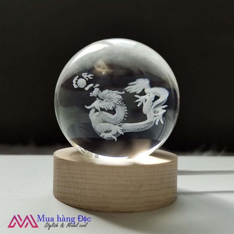 Bộ Quà Tặng Quả Cầu Pha Lê 3D larser LED 12 Con Giáp Tuổi  Thìn