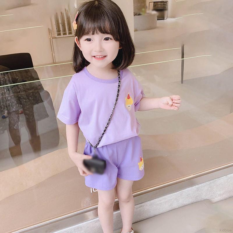 Set Áo Thun Tay Ngắn In Họa Tiết Hoạt Hình + Quần Short Phong Cách Hàn Quốc Cho Bé Gái