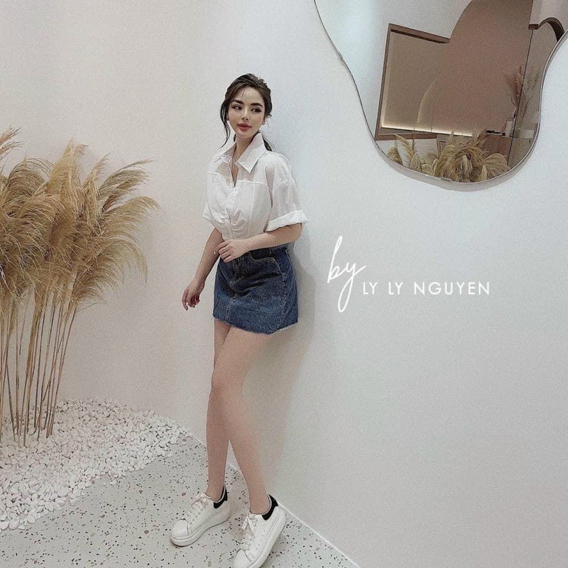 ANU174 - ÁO SƠ MI NỮ TRẮNG CỘC TAY DÚM NGỰC