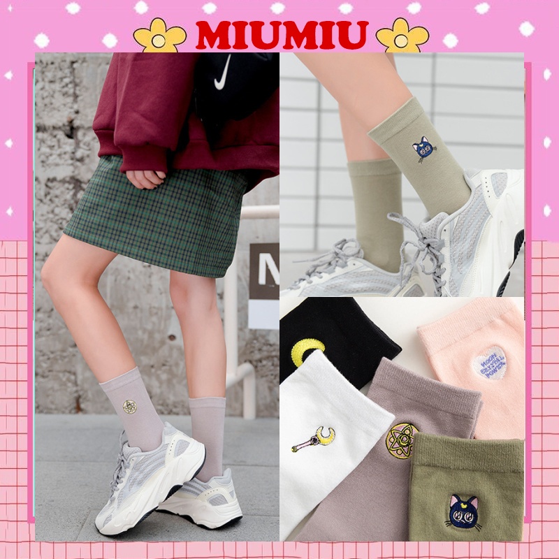 Tất vớ cao cổ nam nữ Miumiu cute in hình mèo mặt trăng ngỗ nghĩnh M36