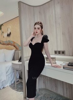 Đầm body cúp trơn tay phồng