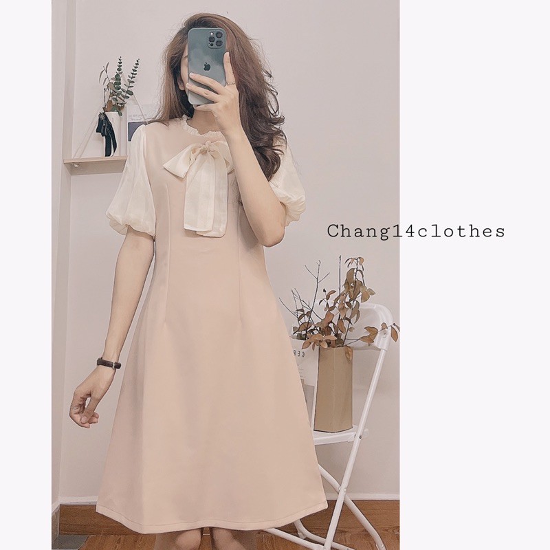 váy thiết kế công sở dự tiệc tay bồng ngắn đính nơ | BigBuy360 - bigbuy360.vn