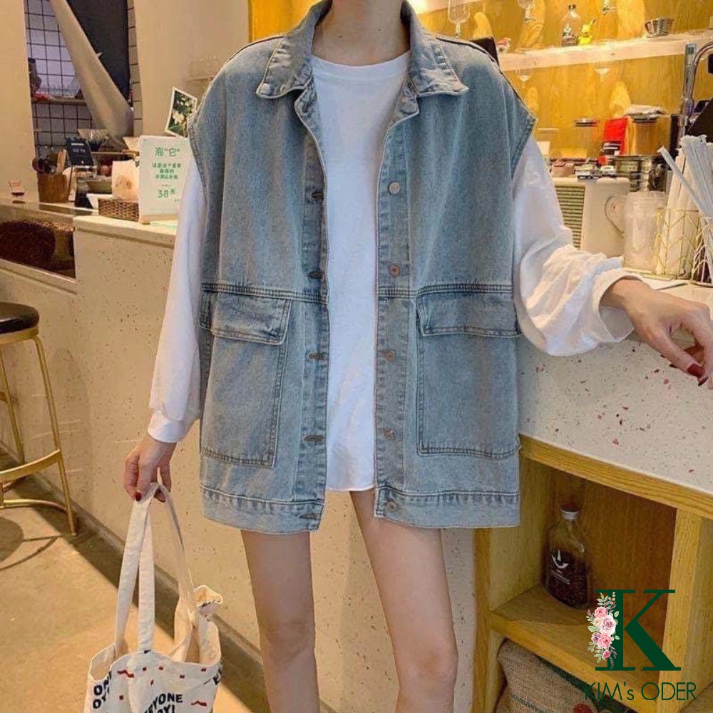Áo khoác jean nam nữ form rộng Oversize sát nách phong cách Ulzzang hai màu xanh đen