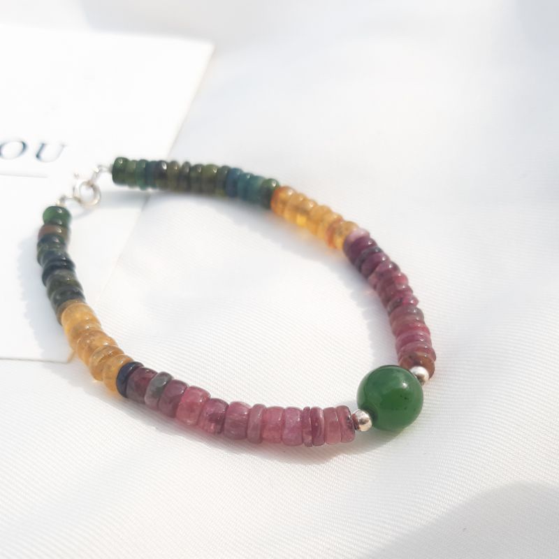 vòng tay Tourmaline phối với bích ruồi ( bi bạc + khóa bạc )