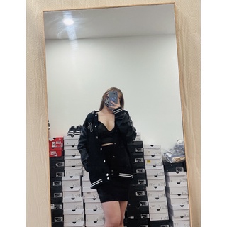 [CHÍNH HÃNG] ÁO KHOÁC BÓNG CHÀY MLBNY BASIC ĐEN TRẮNG TAY DA - ÁO BOMBER THỂ THAO - VARSITY JACKETS