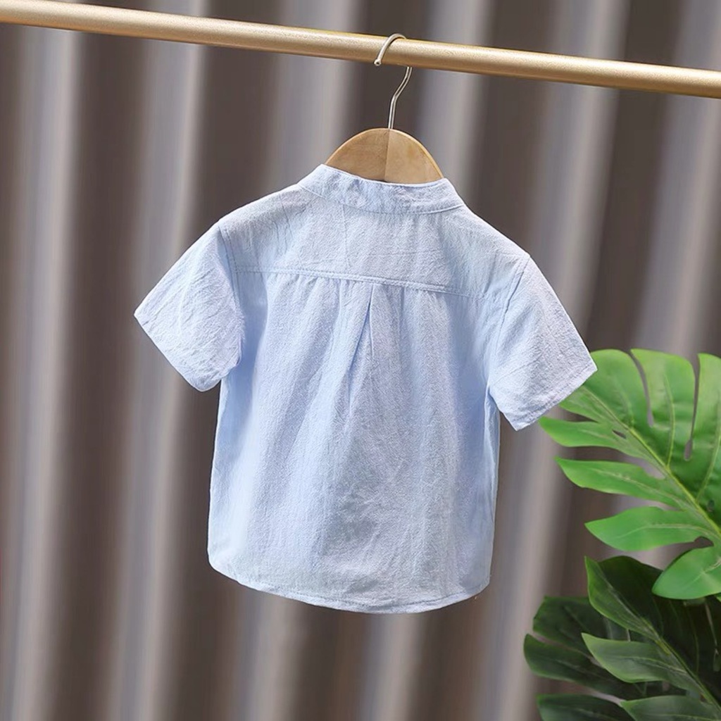 Áo sơ mi bé trai , Áo cộc tay bé trai chất đũi xước cao cấp cổ trụ 2 túi cực mát cho bé từ 8-28kg ASM01 BINBON KIDS