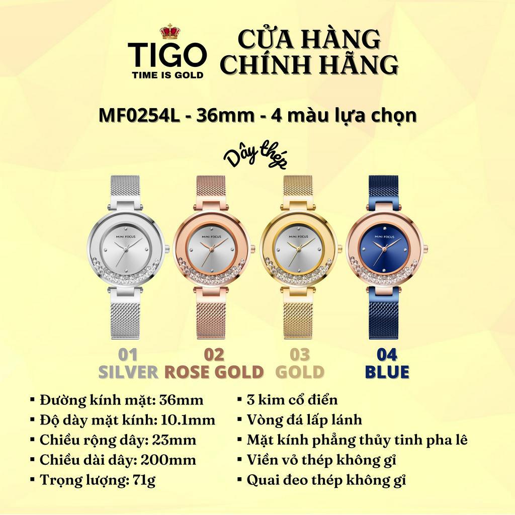 Đồng Hồ Nữ MINI FOCUS MF0254L.04 Dây Thép Xanh Viền Vàng Hồng Thép Không Gỉ Cao Cấp Mặt Tròn Đường Kính 36mm Chống Nước