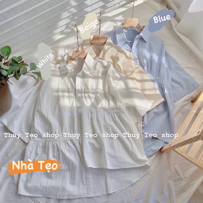 XẢ LỖ NGỪNG MÃ Áo sơ mi VẠT LỆCH cộc tay chất thô mềm - áo sơ mi nữ trơn cộc tay