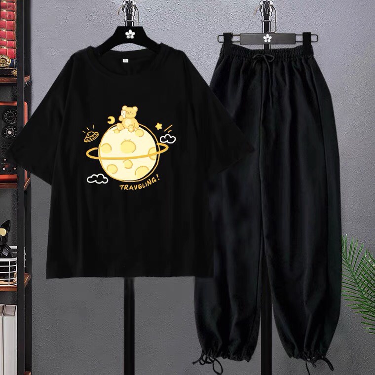 Sét Áo Gấu travle + quần bom chun, Áo thun from rộng, Chất đẹp không xù, quần suông ống rộng, Sét bộ mặc ở nhà - MODY