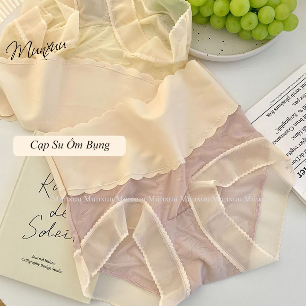 Quần lót nữ cạp cao hỗ trợ gen bụng thon gọn MUNXUU, vải ren gấm phối cạp su bản to định hình vòng eo - GB16