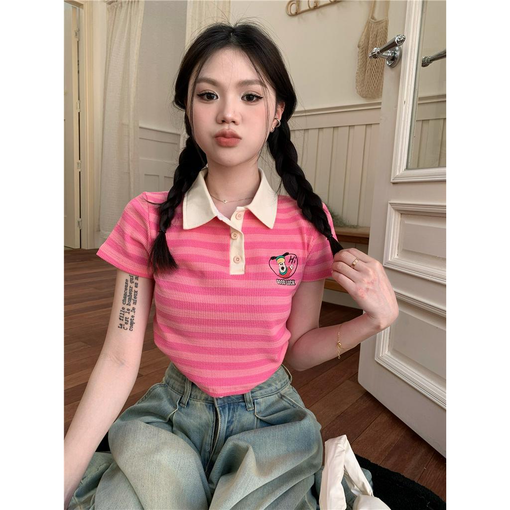 Áo Thun polo Tay Ngắn Kẻ Sọc Thêu Hình Cún Dễ Thương 63177