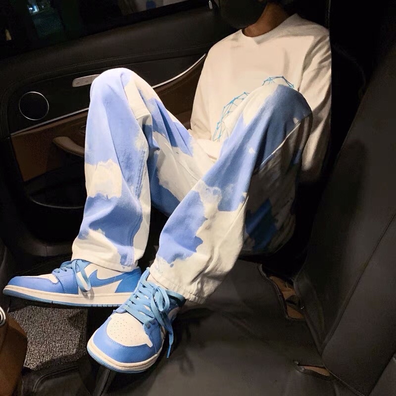 Quần bò jeans ống rộng màu bò sữa phối màu xanh trắng hiphop ovesize Ulzzang siêu chất ❤️