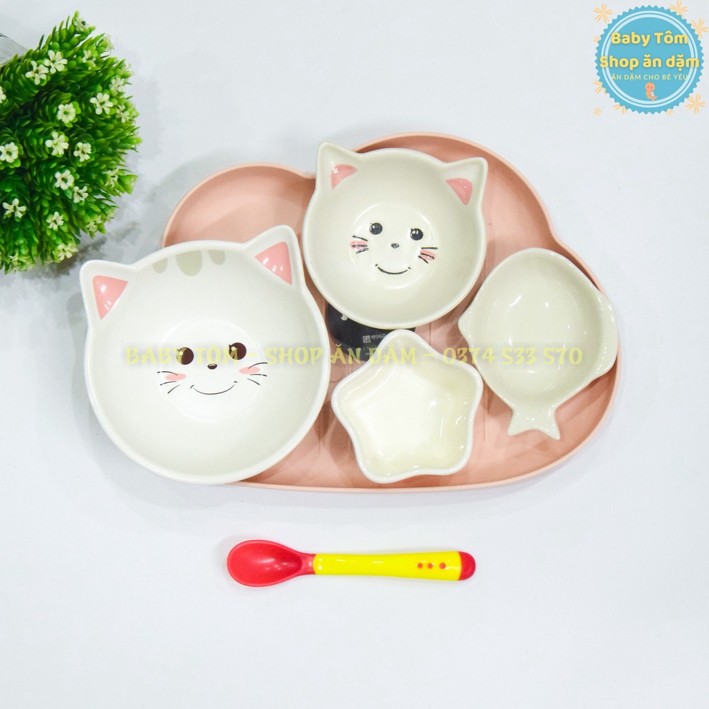 Bộ bát gốm sứ màu Trắng cho bé ăn dặm NPP Baby Tôm. Chén bát ăn dặm gốm sứ an toàn, đáng yêu