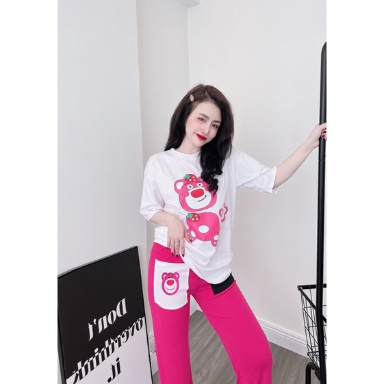 Set áo cotton gấu quần thêu gấu túi xinh xắn hình thật