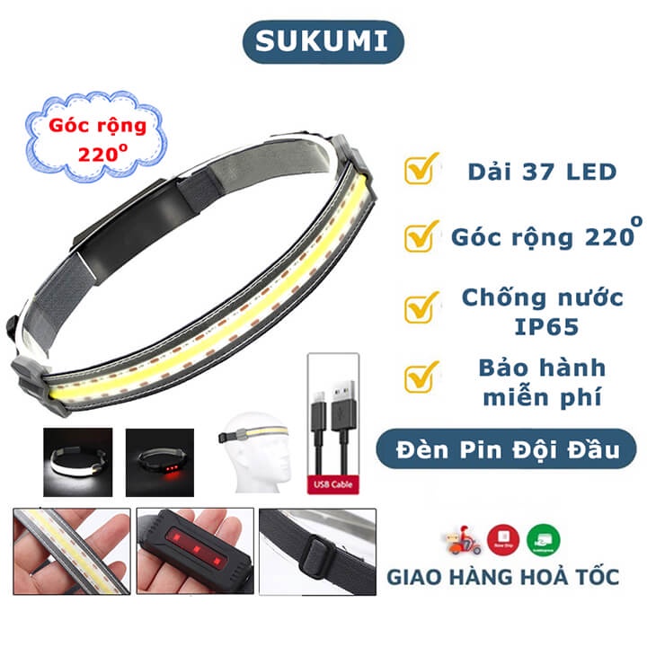 Đèn pin đội đầu siêu sáng chiếu xa chống thấm nước, đèn pin đeo trán 3 chế độ, đèn pha Led sạc tích điện cổng micro USB