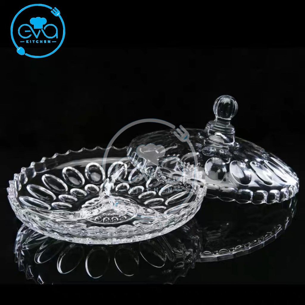 Khay Đựng Mứt Thuỷ Tinh Pha Lê Chia Ngăn Hoạ Tiết Chấm Bi Trắng Cao Cấp / Thố Mứt Tết 520-9 M3169