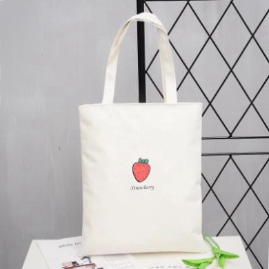 Túi tote vải canvas mềm in hình quả dâu có khoá kéo miệng túi siêu đẹp