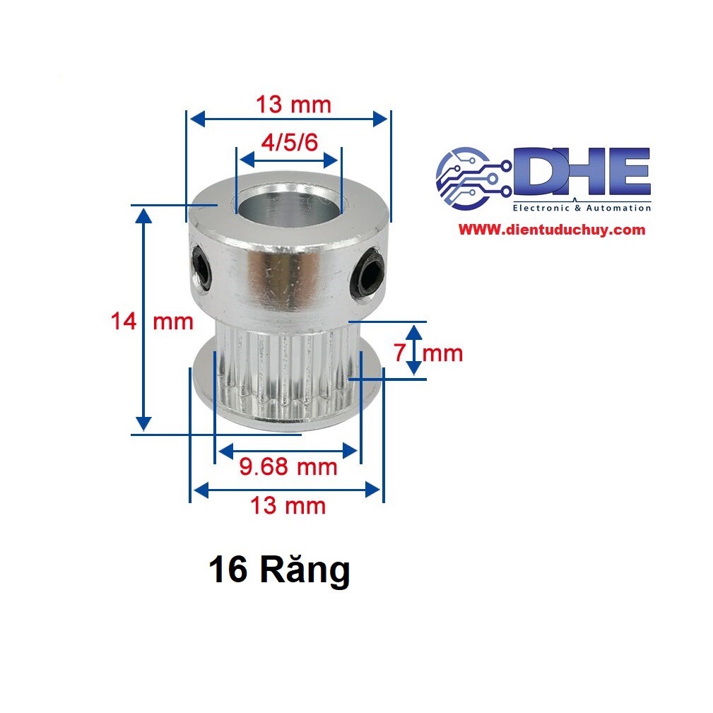PULEY GT2 - 16 RĂNG - Φ14MM, BẢN RỘNG 6MM, ĐƯỜNG KÍNH TRỤC NHIỀU LỰA CHỌN 4MM/5MM/6MM