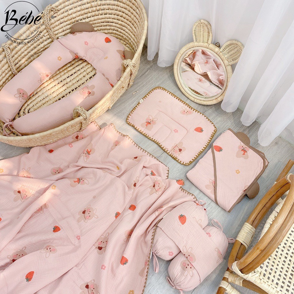 Bé Bé - Bộ Chăn, Gối Đầu, Gối Chặn, Gối Ôm, Ủ Choàng Họa Tiết Gấu Hồng