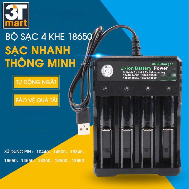 Bộ sạc nhanh 4 khe C'mon Power cáp USB đa năng dùng cho các loại pin li-ion 18650 16340 14500...