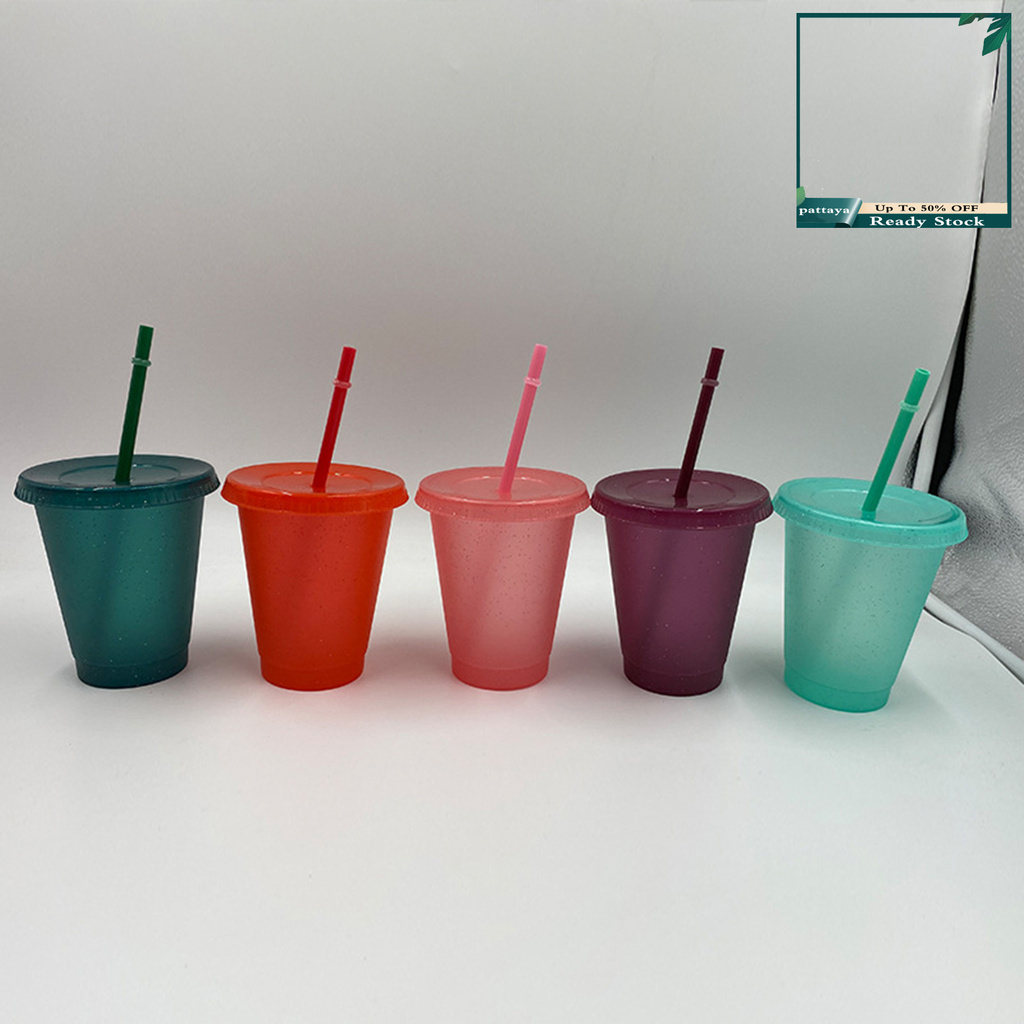 CFYP_400/500ml Straw Drinking Cup Large-capacity Wide Mouth Lid Plastic Flash Powder Shiny Water Bottle for School