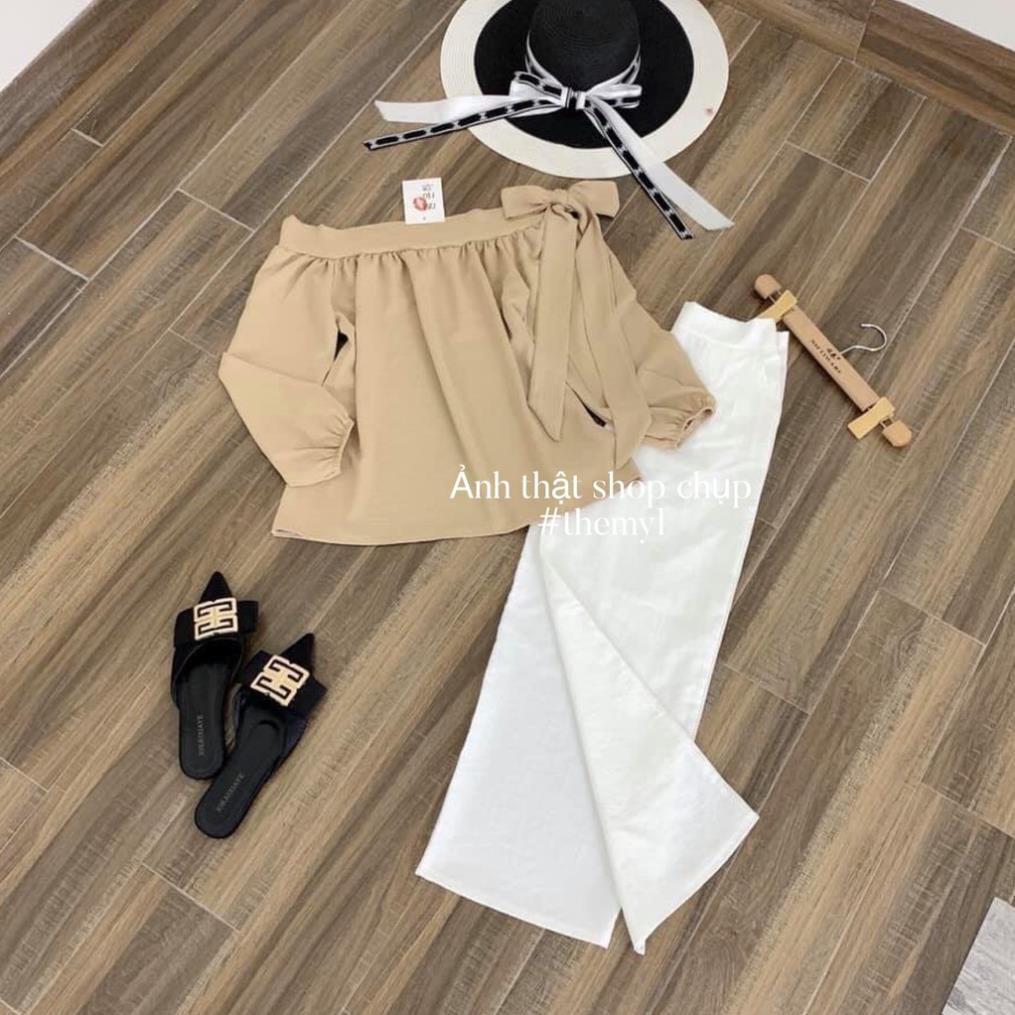 Áo trễ vai buộc nơ tay dài, áo babydoll trễ vai thắt nơ - myl.fashion