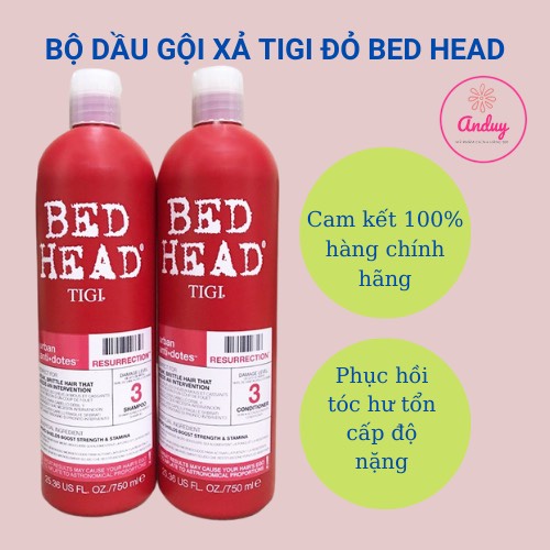 Dầu gội tigi đỏ tigi bed head cặp gội xả 750ml x2 chai phục hồi tóc hư tổn cấp độ 3 bản Mỹ