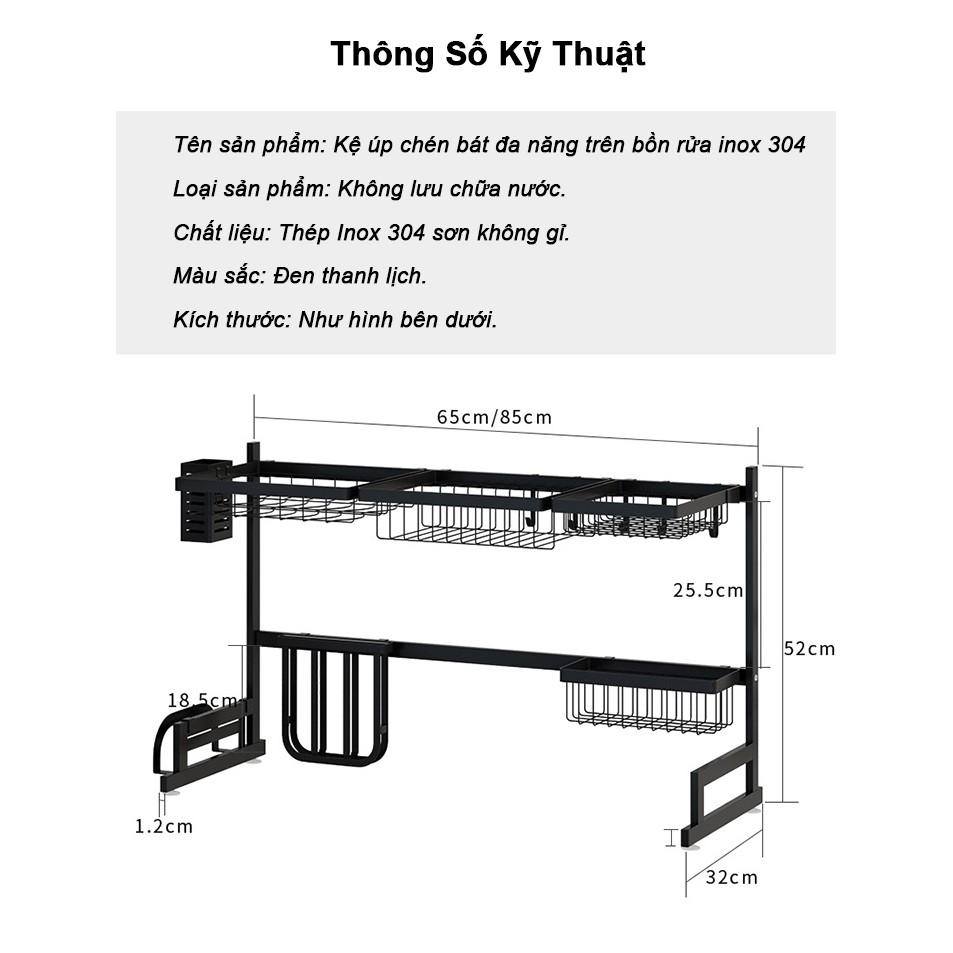 Kệ Úp Chén Bát Đa Năng Trên Bồn Rửa Inox 304 Cao Cấp 85cm – Màu Đen