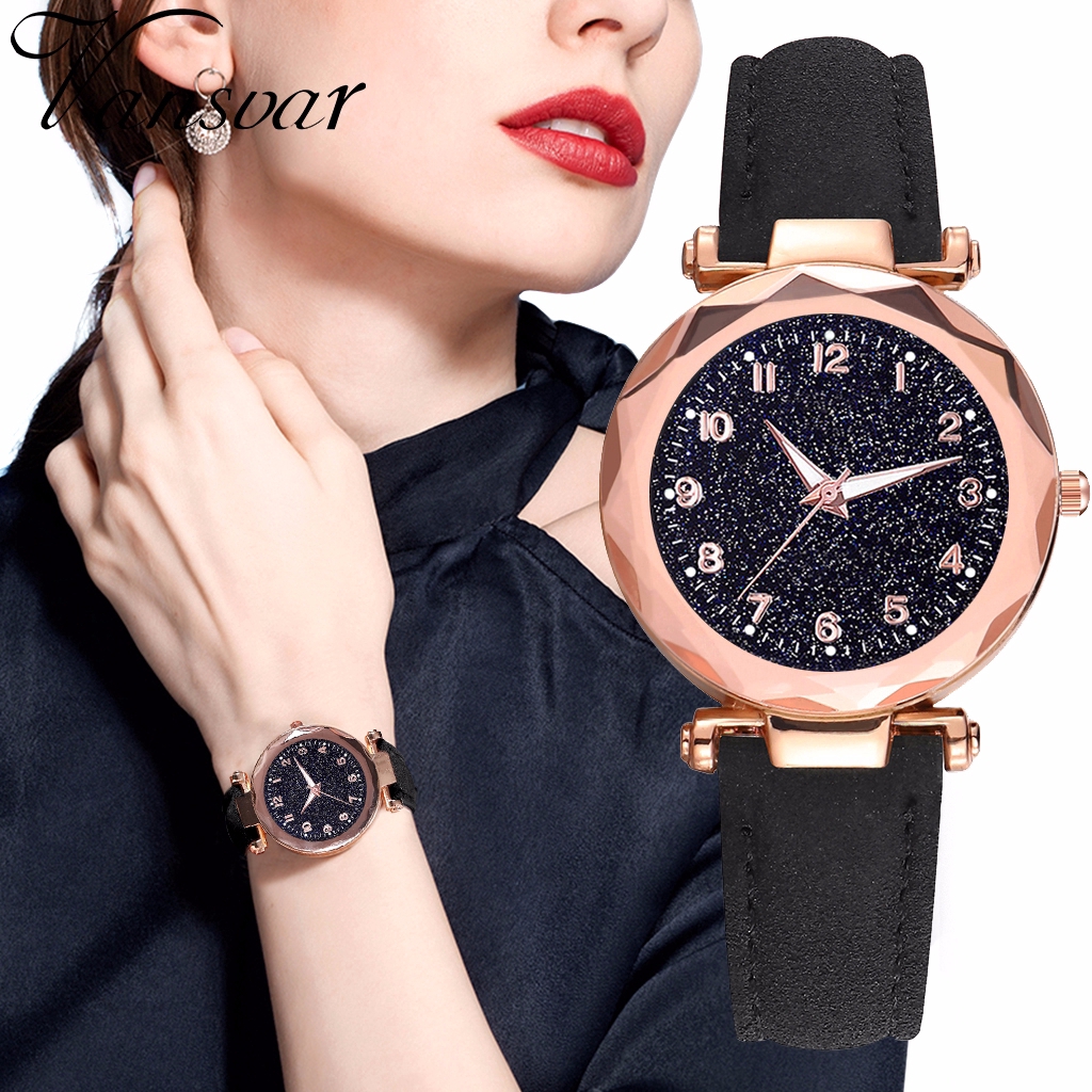 Đồng hồ đeo tay thiết kế mặt số lấp lánh phối dây da giả sang trọng cho nữ