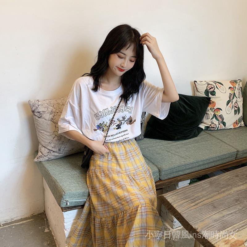 Chân Váy Dài Dáng Chữ A Họa Tiết Sọc Caro Phong Cách Retro Nhật Bản