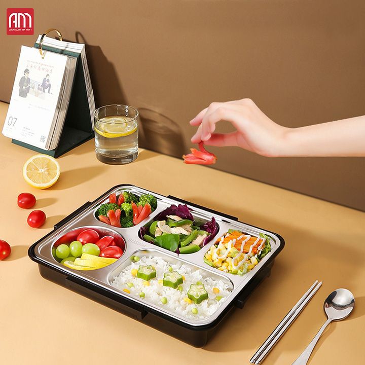 Khay Đựng Cơm Văn Phòng,Khay Cơm Inox 5 Ngăn Có Nắp Đậy Tiện Dụng