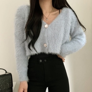 Áo Khoác Cardigan Dáng Ngắn Vải Cashmere Lông Chồn Kiểu Hàn Quốc Dễ Thương