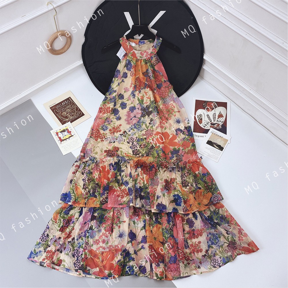 Váy thiết kế cổ yếm dáng dài họa tiết hoa nhí MQ CLOTHING đầm dáng suông đuôi cá bèo tầng