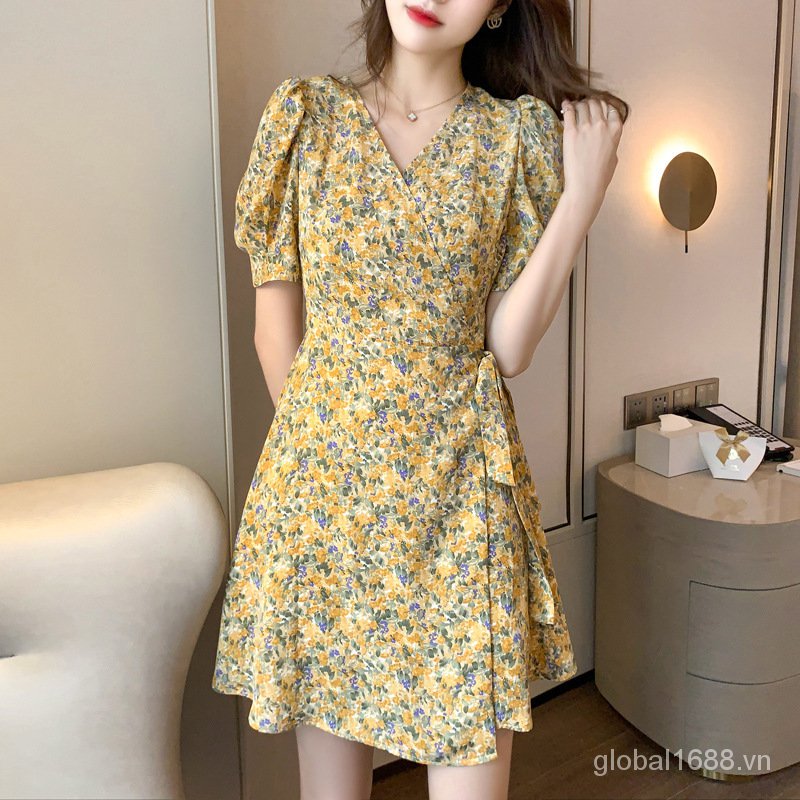 M-4XL Floral Dress Casual Dress Puff Sleeve Retro Plain Floral Print Square Neck Lace Up Bubble Sleeve Dress with Sleeves | BigBuy360 - bigbuy360.vn
